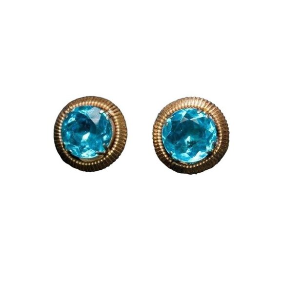 Glamorous Vintage Earrings, Foil Backed Bright Blue Crystal in Copper Frames